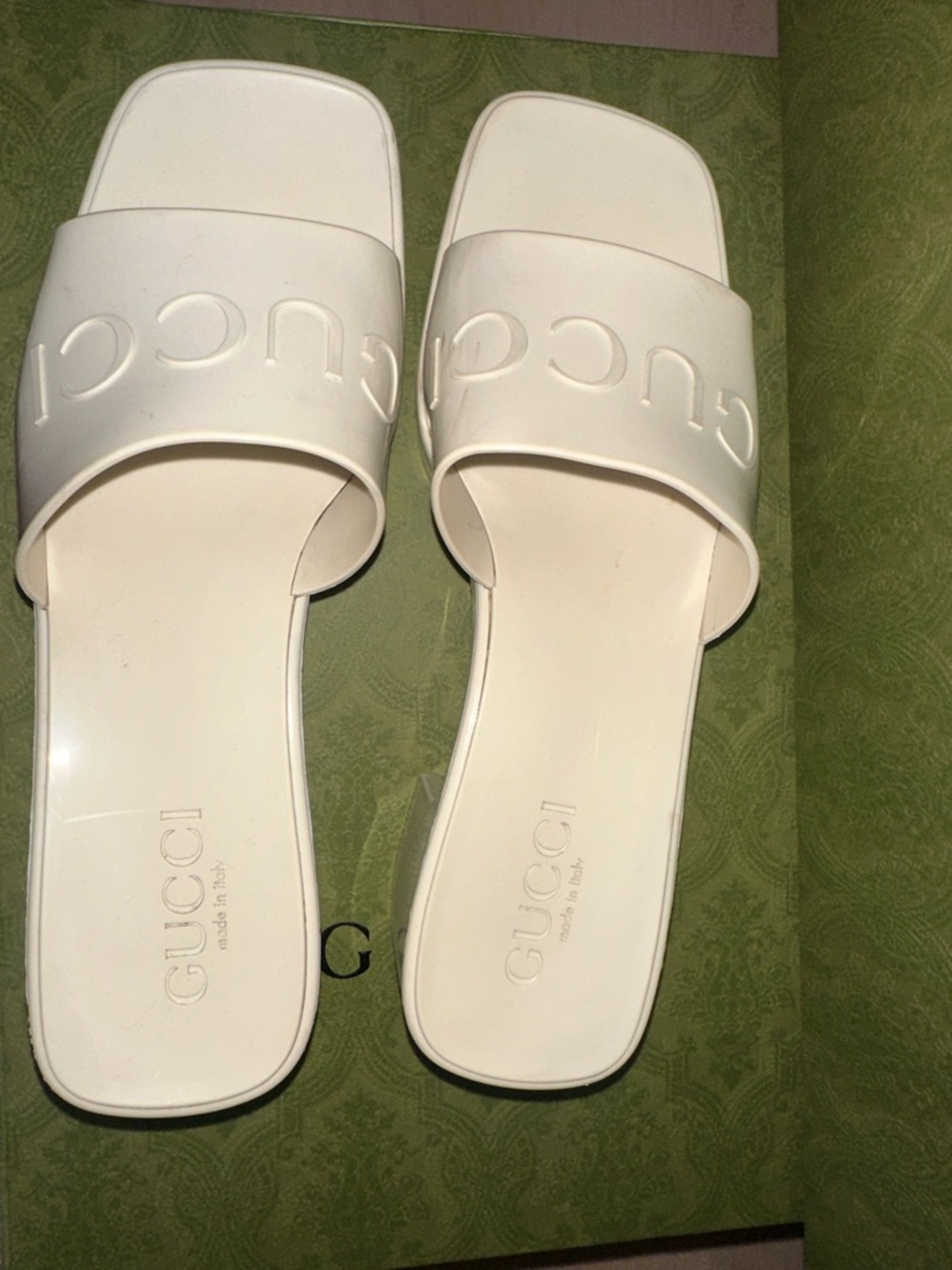 Gucci White Embossed Logo Slide Mules - Picture 8 of 10